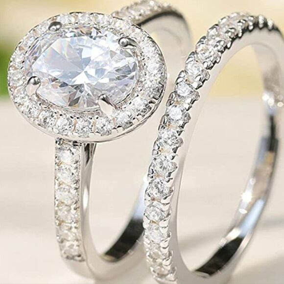 18K Yellow Gold .925 Sterling Silver and Diamond Cubic Zirconia Wedding Band Set - Picture 7 of 7